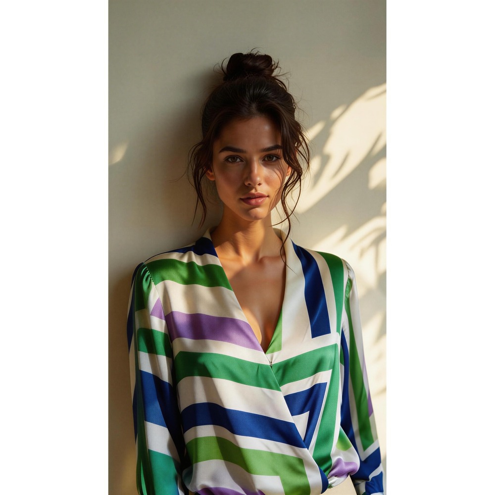 Mango Geometric Print Satin Blouse Size S – Colorful Wrap Style Top